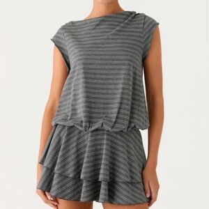 NWT Peppermayo Gray Stripe Ruffle Mini Dress Wide Neck Size 6 Casual